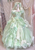 V-neck Ball Gown Tulle Applique Long Prom Dresses Green Sweet 16 Dress HZ1024