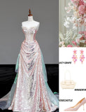 Strapless Sheath Sequined Long Prom Dresses Pink Sweet 16 Dress HZ1024