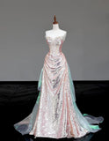 Strapless Sheath Sequined Long Prom Dresses Pink Sweet 16 Dress HZ1024