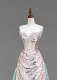 Strapless Sheath Sequined Long Prom Dresses Pink Sweet 16 Dress HZ1024
