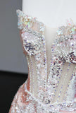 Strapless Sheath Sequined Long Prom Dresses Pink Sweet 16 Dress HZ1024