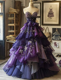 Sweetheart Ball Gown Tulle Beaded Applique Long Prom Dresses Gradient Purple Sweet 16 Dress HZ1024
