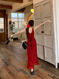 retro red V-neck floral vest long skirt HZ1024
