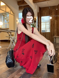 retro red V-neck floral vest long skirt HZ1024