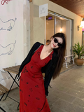 retro red V-neck floral vest long skirt HZ1024