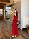 retro red V-neck floral vest long skirt HZ1024