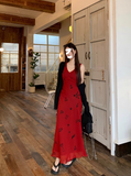 retro red V-neck floral vest long skirt HZ1024