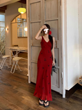 retro red V-neck floral vest long skirt HZ1024