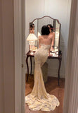Mermaid Strapless Tulle Applique Long Prom Dresses Light Champagne Formal Evening Gowns HZ1024