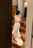 Mermaid Strapless Tulle Applique Long Prom Dresses Light Champagne Formal Evening Gowns HZ1024