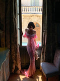 Mermaid Off-the-shoulder Chiffon Ruffle Long Birthday Dresses Pink Formal Evening Gowns HZ1024