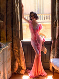 Mermaid Off-the-shoulder Chiffon Ruffle Long Birthday Dresses Pink Formal Evening Gowns HZ1024