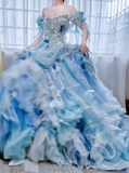 Ball Gown Off-the-shoulder Tulle Beaded Long Prom Dresses Blue Birthday Dresses HZ1024