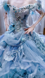 Ball Gown Off-the-shoulder Tulle Beaded Long Prom Dresses Blue Birthday Dresses HZ1024