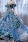 Ball Gown Off-the-shoulder Tulle Beaded Long Prom Dresses Blue Birthday Dresses HZ1024