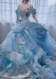Ball Gown Off-the-shoulder Tulle Beaded Long Prom Dresses Blue Birthday Dresses HZ1024