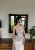 Sheath Halter Long Prom Dresses Chiffon Lace Applique Backless Birthday Dresses Formal Dresses HZ1024