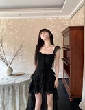 Square Neck Black Ruffle Suspender Dress HZ1024