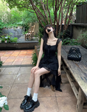 Square Neck Black Ruffle Suspender Dress HZ1024