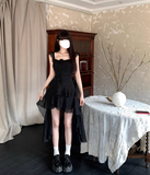 Square Neck Black Ruffle Suspender Dress HZ1024