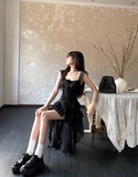 Square Neck Black Ruffle Suspender Dress HZ1024