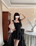 Square Neck Black Ruffle Suspender Dress HZ1024