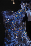 One-shoulder Sheath Satin Beaded Long Prom Dresses, Navy Blue Formal Evening Gowns HZ1024