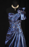 One-shoulder Sheath Satin Beaded Long Prom Dresses, Navy Blue Formal Evening Gowns HZ1024