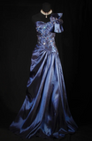 One-shoulder Sheath Satin Beaded Long Prom Dresses, Navy Blue Formal Evening Gowns HZ1024