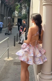 V-neck Birthday Dresses, Floral Chiffon Backless Homecoming Dresses, A-line Short Prom Dresses HZ1024