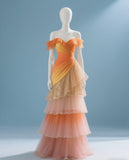 Off-the-shoulder Ball Gown Tulle Long Prom Dresses, Orange Quinceanera Dresses HZ1024