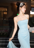 Spaghetti Strap Sheath Long Prom Dresses with Slits, Satin Wedding Guest Dress, Pale Blue Formal Evening Dresses HZ1024