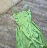 Spaghetti Strap Sheath Beaded Long Prom Dresses, Green Formal Evening Dresses HZ1024