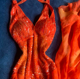 V-neck Sheath Beaded Long Prom Dresses, Orange Formal Evening Dresses HZ1024