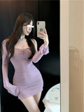 sexy hot girl style mesh long sleeves U-neck off-shoulder hip skirt HZ1024