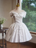 Off Shoulder Satin White Short Prom Dress, White Homecoming Dress HZ1024
