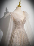 Scoop Neckline Tulle Champagne Long Prom Dress, Champagne Sequin Evening Dress HZ1024
