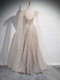 Scoop Neckline Tulle Champagne Long Prom Dress, Champagne Sequin Evening Dress HZ1024