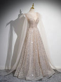 Scoop Neckline Tulle Champagne Long Prom Dress, Champagne Sequin Evening Dress HZ1024