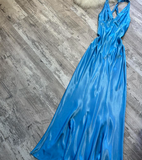V-neck Sheath Satin Long Prom Dresses, Backelsss Blue Formal Evening Dresses HZ1024
