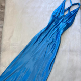 V-neck Sheath Satin Long Prom Dresses, Backelsss Blue Formal Evening Dresses HZ1024