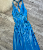 V-neck Sheath Satin Long Prom Dresses, Backelsss Blue Formal Evening Dresses HZ1024