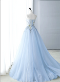 Spaghetti-strap A-Line Tulle Appliqu¨¦d Long Prom Dresses, Pale Blue Formal Evening Dresses HZ1024