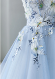 Spaghetti-strap A-Line Tulle Appliqu¨¦d Long Prom Dresses, Pale Blue Formal Evening Dresses HZ1024
