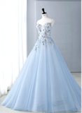 Spaghetti-strap A-Line Tulle Appliqu¨¦d Long Prom Dresses, Pale Blue Formal Evening Dresses HZ1024
