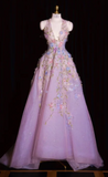 V-neck A-Line Tulle Applique Long Prom Dresses, Light Purple Formal Evening Dresses HZ1024