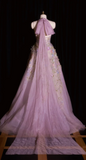 V-neck A-Line Tulle Applique Long Prom Dresses, Light Purple Formal Evening Dresses HZ1024