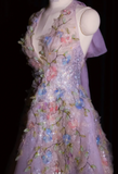 V-neck A-Line Tulle Applique Long Prom Dresses, Light Purple Formal Evening Dresses HZ1024
