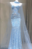 Sweetheart Mermaid Tulle Long Prom Dresses, Blue Formal Evening Dresses HZ1024