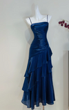Spaghetti Strap Sheath Tulle Birthday Dresses, Navy Blue Formal Evening Dresses HZ1024
